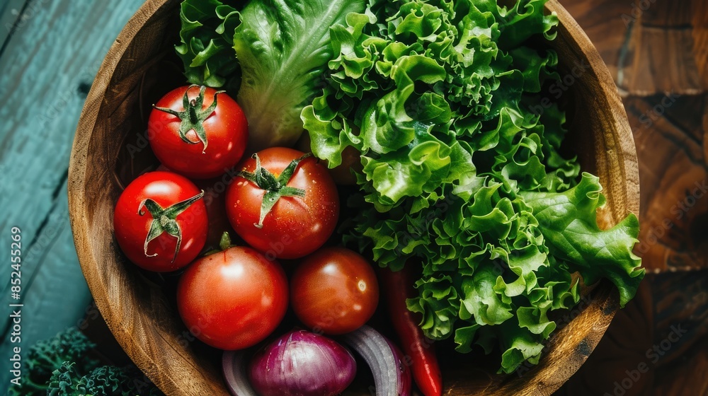 Bowl containing crisp veggies like lettuce tomato and onion Bowl containing crisp veggies like lettuce tomato and onion