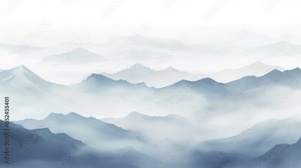 Serene Watercolor Painting of Misty Blue Mountains in Layers