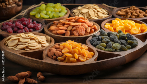 Variety of Dried Fruits and Nuts in Wooden Bowls on a Rustic Platter