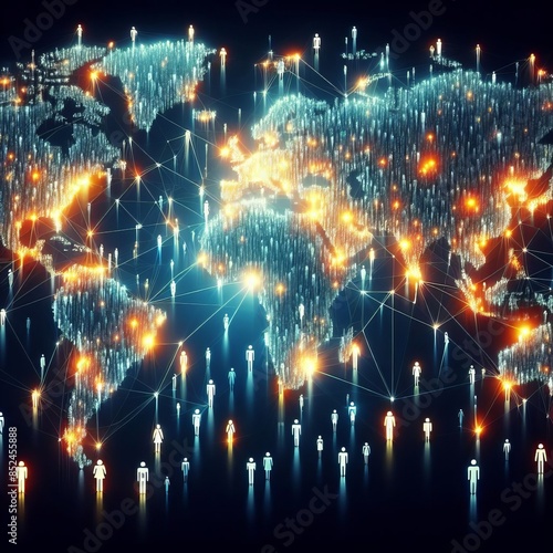A visually striking image of a global digital network represented by a world map illuminated with interconnected people symbols. The glowing lines and nodes highlight the concept of global © Anastasiia