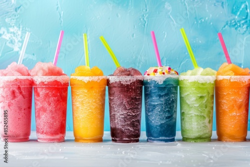 Colorful assortment of frozen slush drinks on blue background