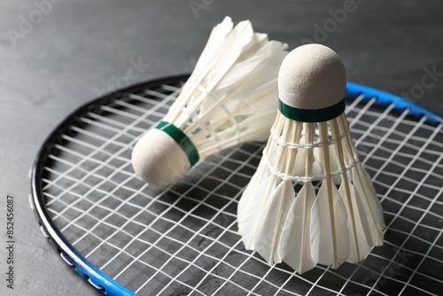 Feather badminton shuttlecocks and racket on grey textured table, closeup © New Africa