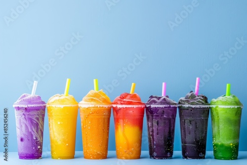 Colorful array of frozen slush drinks against blue background