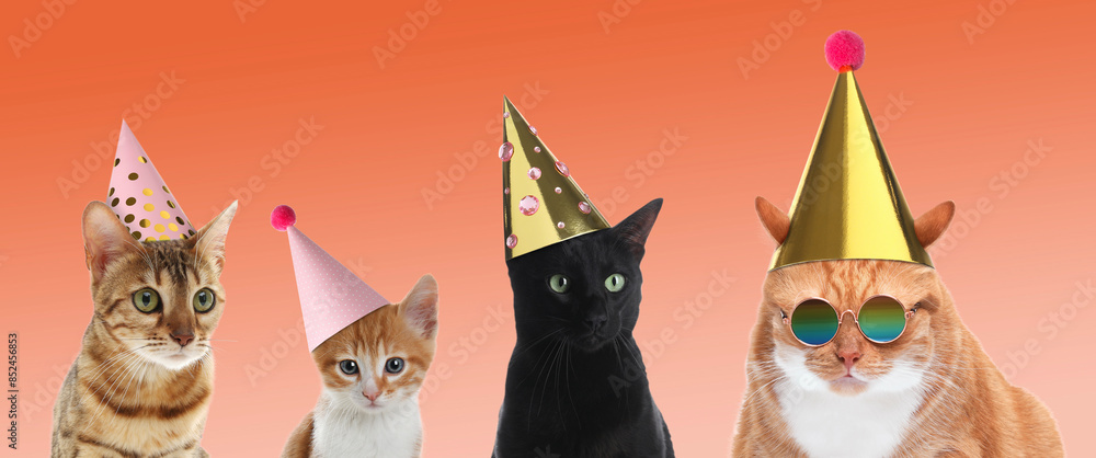 Many different animals with party hats on coral color background, banner design Many different animals with party hats on coral color background, banner design