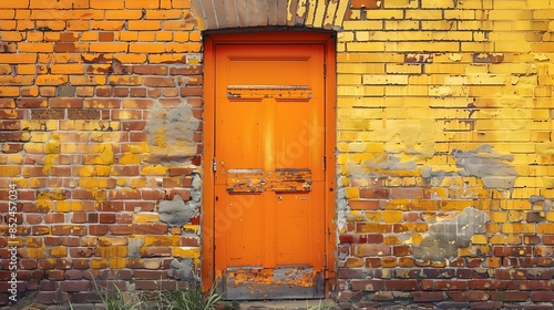 Colourful orange door in an old brick wall backstreet entrance with vintage yellow background very detailed and realistic shape