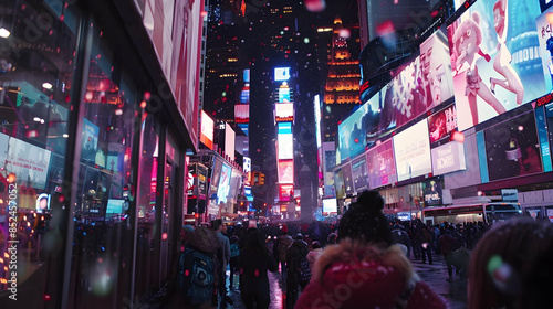 Photo of Times Square at Night with Snow Falling photo