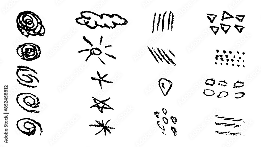 Doodles with the texture of charcoal pencil. Set elements imitating child drawing. Spiral star cloud sun. Doodles abstract shapes. Vector illustration. Doodles with the texture of charcoal pencil. Set elements imitating child drawing. Spiral star cloud sun. Doodles abstract shapes. Vector illustration.