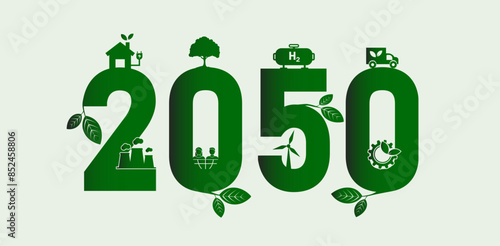 Net zero greenhouse gas emissions by 2050, carbon neutral, net zero greenhouse gas emissions target, long-term climate neutral strategy, vector illustration