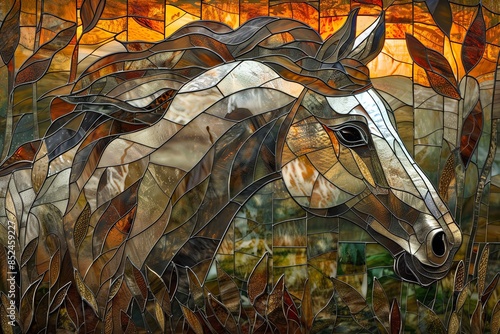 Wallpaper Mural Stained glass horse in a meadow, earthy tones, rustic style, dynamic and detailed Torontodigital.ca