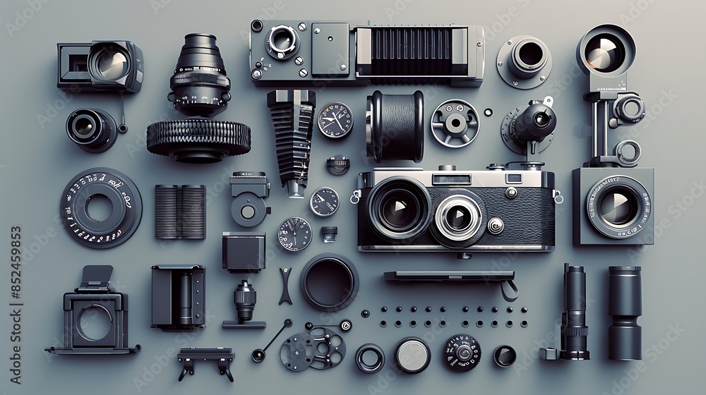 Fototapeta premium Film camera components and lenses on old grey background very detailed and realistic shape