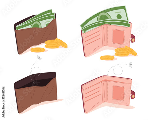 Man and woman wallets with cash and empty. Leather accessories for storing cash and credit cards. Stylish wallets. Vector illustration