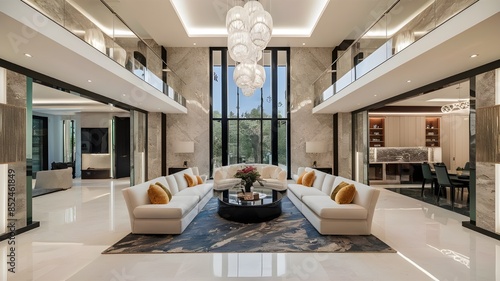 High-End Apartment Interior - Marble Floors, Tall Ceilings, and Art Deco Glass Windows photo