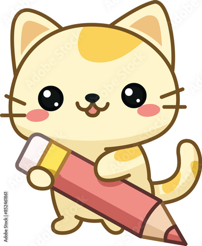 Happy kitten cat holding a big pencil