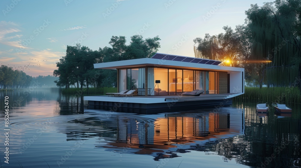 Modern Solar-Powered Floating House on Tranquil Lake for Sustainable Living Modern Solar-Powered Floating House on Tranquil Lake for Sustainable Living