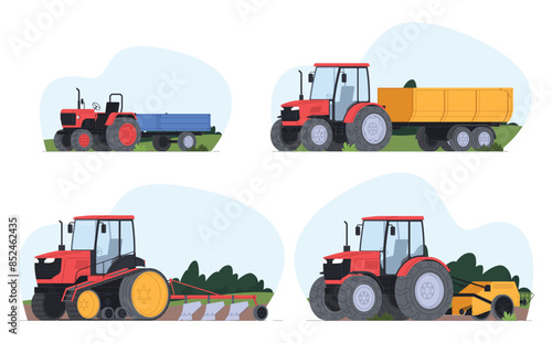 Tractors and their trailers, tillage devices. Agricultural transport. Farm machinery for tilling the harvest land. Vector illustration