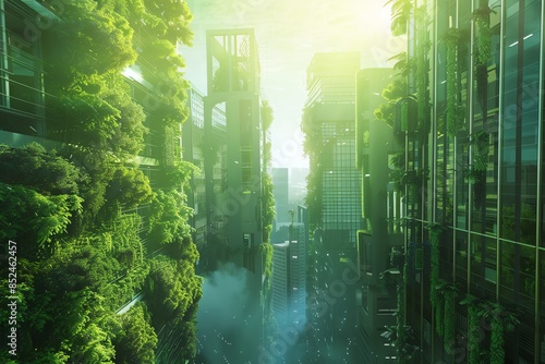 A futuristic city overgrown with lush greenery, bathed in warm sunlight. The buildings are covered in vegetation, creating a serene and eco-friendly urban landscape. photo