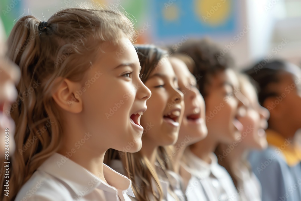 A group of diverse elementary school children sing in unison during choir practice. Their mouths are open in a joyful expression of singing. A group of diverse elementary school children sing in unison during choir practice. Their mouths are open in a joyful expression of singing.
