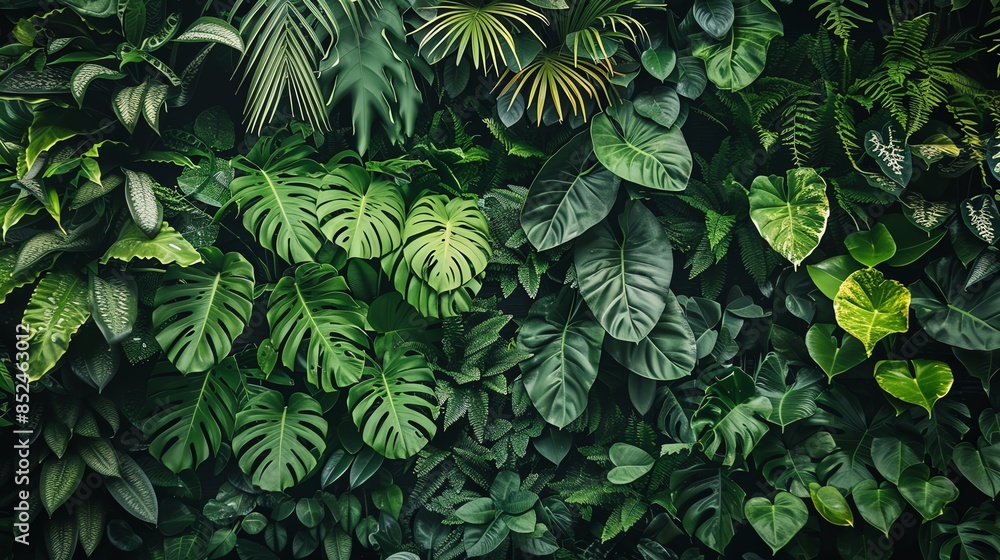 A lush green wall of tropical foliage with a variety of leaves and textures. The image is perfect for a natural, organic background. A lush green wall of tropical foliage with a variety of leaves and textures. The image is perfect for a natural, organic background.