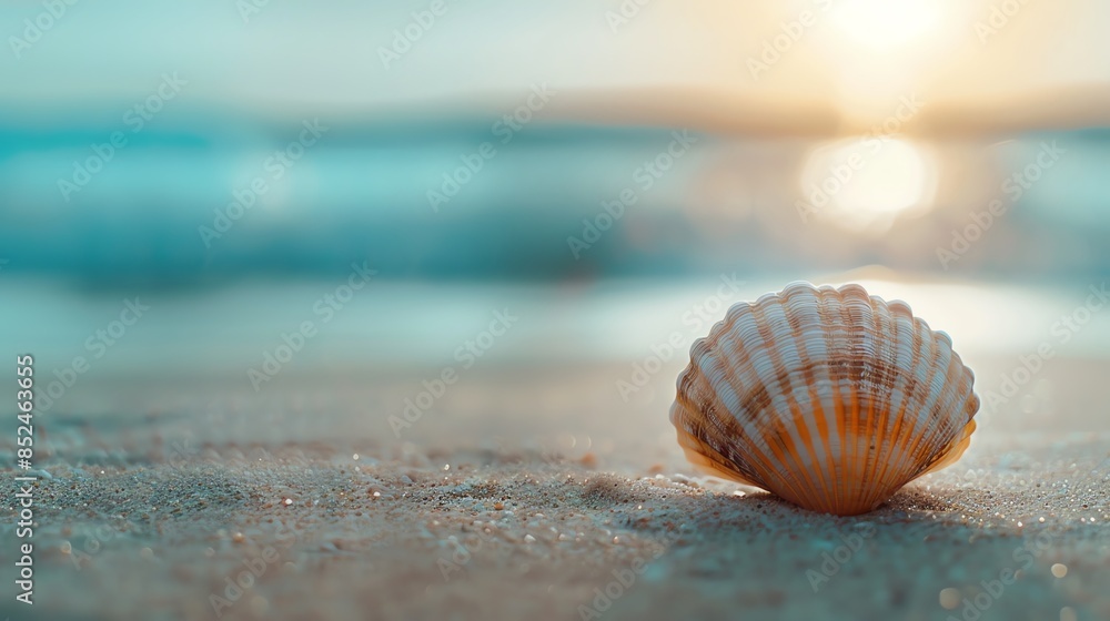 A seashell sits on a sandy beach with the ocean and sunset in the background. A seashell sits on a sandy beach with the ocean and sunset in the background.