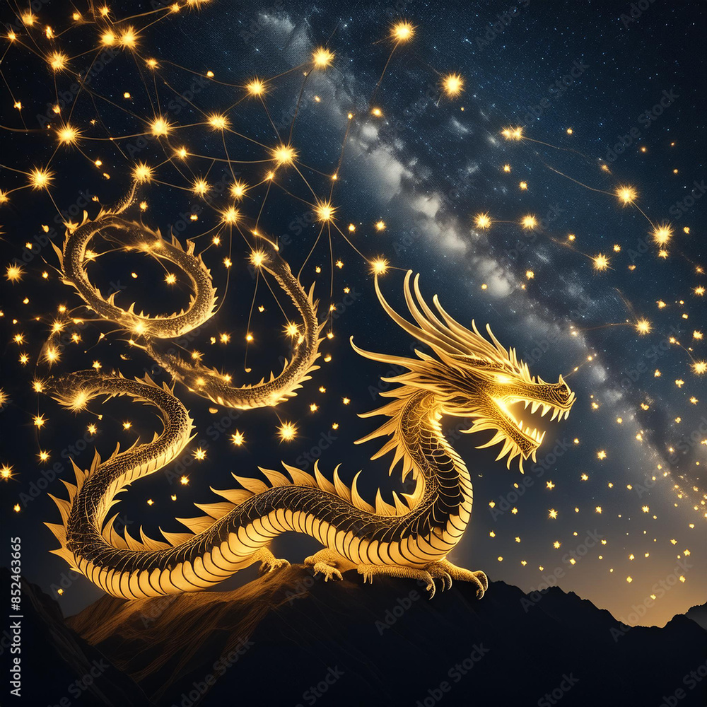 Obraz premium Fireflies swarming in the shape of a European dragon against a dark night sky