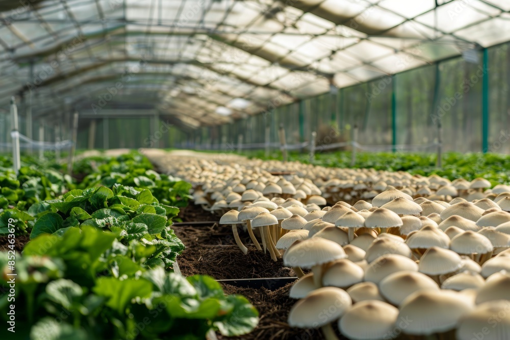 Spacious Greenhouse with Rows of Mushrooms and Lush Vegetation Under Natural Light Spacious Greenhouse with Rows of Mushrooms and Lush Vegetation Under Natural Light