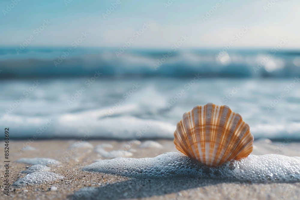 A seashell sits on a sandy beach with foamy waves crashing in the background. A seashell sits on a sandy beach with foamy waves crashing in the background.