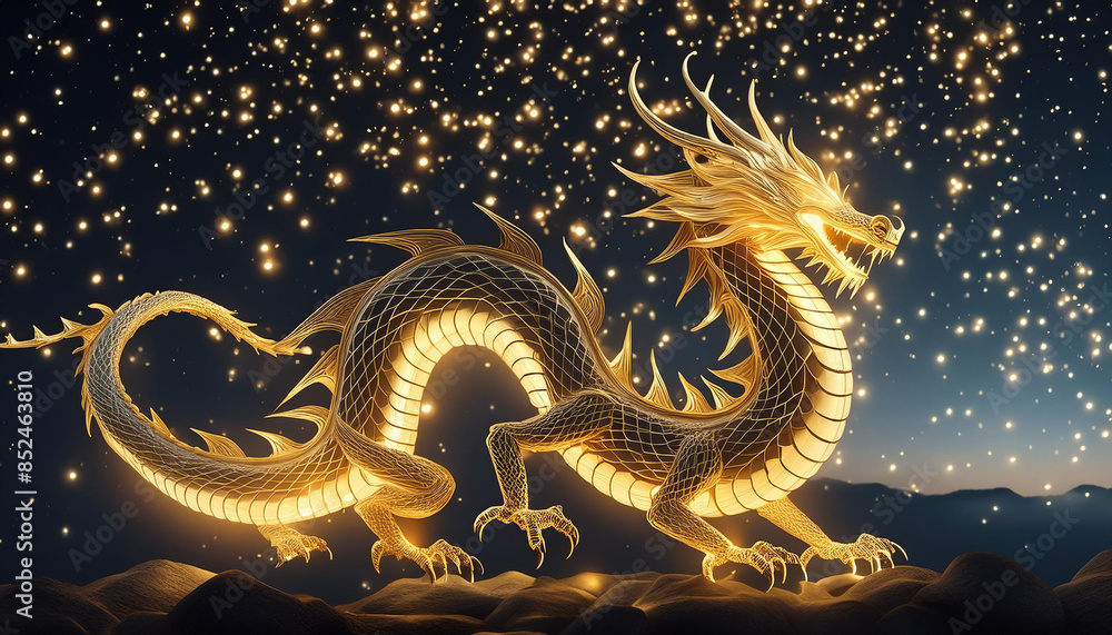 Fireflies swarming in the shape of a European dragon against a dark night sky Fireflies swarming in the shape of a European dragon against a dark night sky