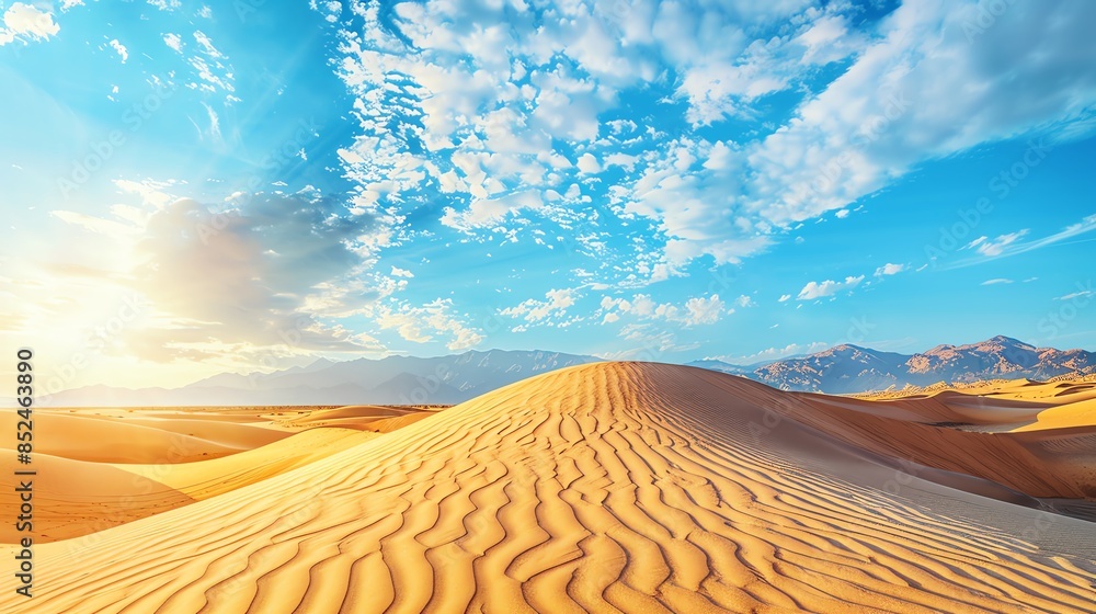 Naklejka premium A vast desert landscape with golden sand dunes under a bright blue sky with fluffy white clouds. The sun shines brightly, casting long shadows across the dunes.