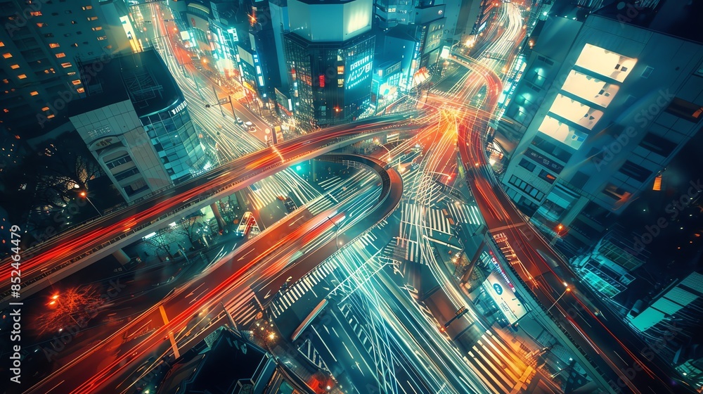 Aerial view of a bustling city intersection at night, illuminated by streaks of car headlights and neon signs. Aerial view of a bustling city intersection at night, illuminated by streaks of car headlights and neon signs.