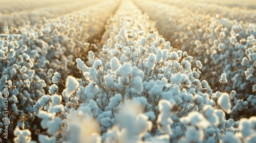 Ripe cotton in white fields ready for harvest with empty space