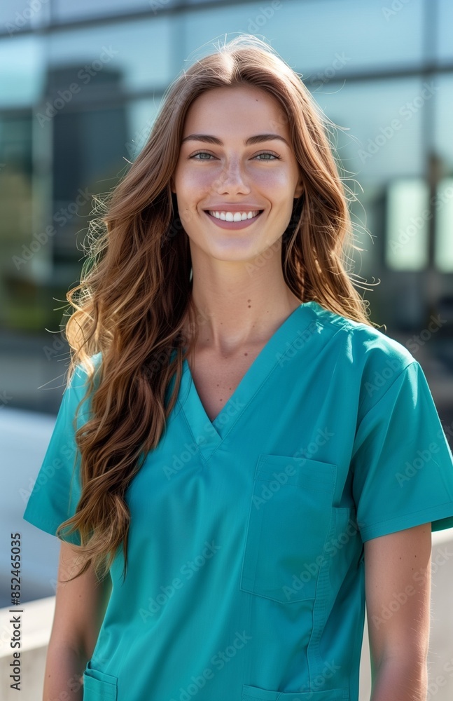 smiling nurse in turquoise scrubs stands outside a modern hospital building smiling nurse in turquoise scrubs stands outside a modern hospital building