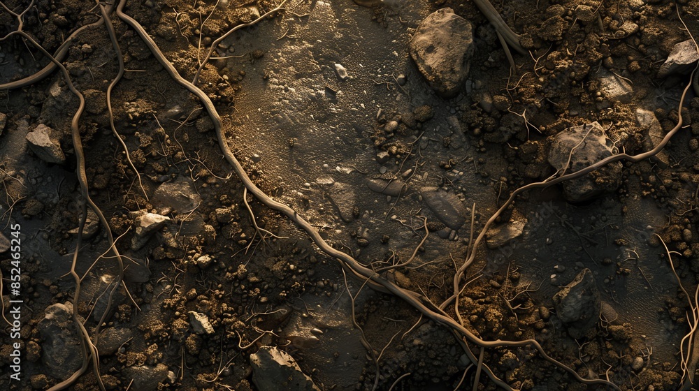 Close-up of rough, textured earth with roots and stones. Close-up of rough, textured earth with roots and stones.