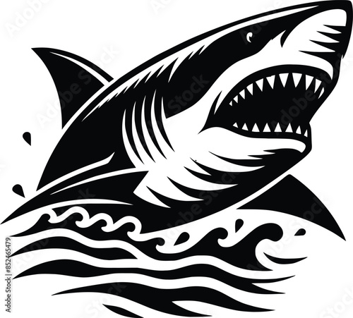 modern and simple shark silhouette, a negatively spaced shark in black color  icon vector temple, export wild shark 