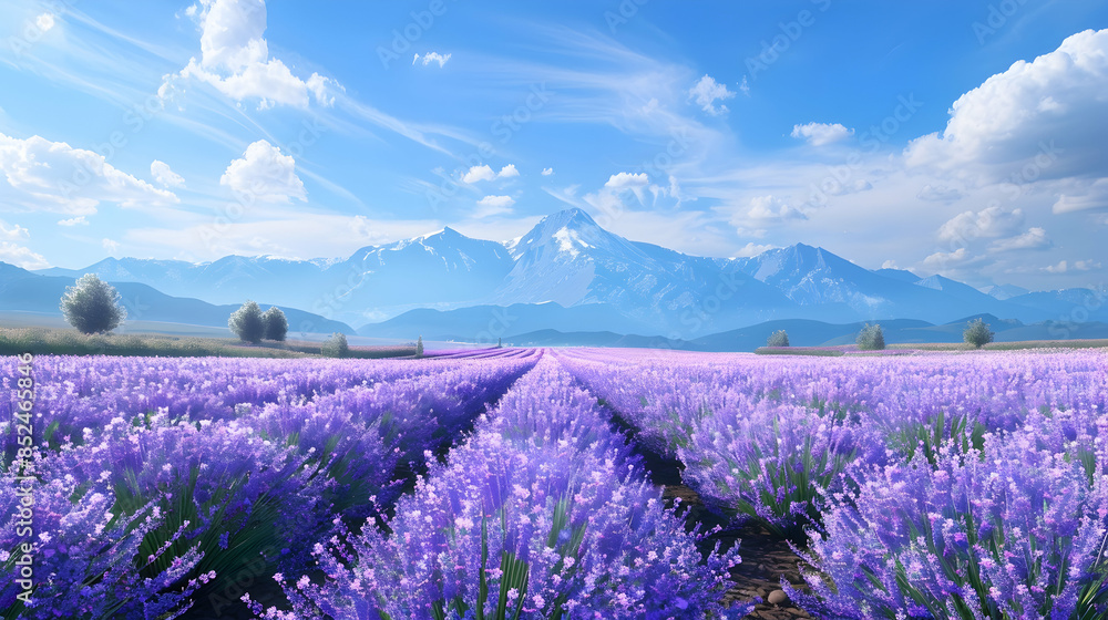 Obraz premium Lavender Field with Mountain Background Illustration