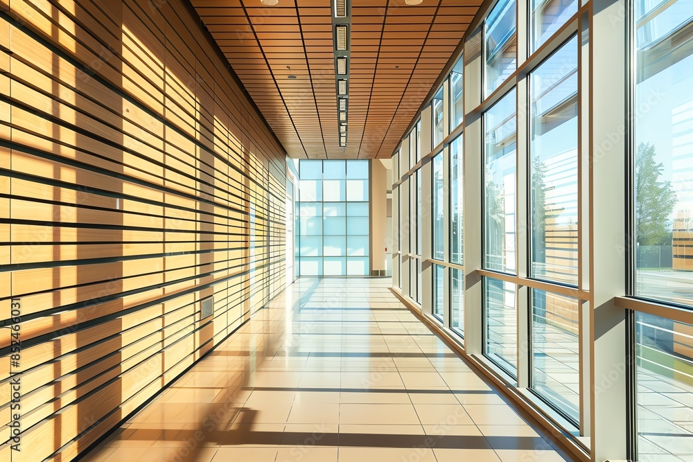 Modern office hallway with large windows and wood paneling, bright and airy with natural light streaming in. Modern office hallway with large windows and wood paneling, bright and airy with natural light streaming in.