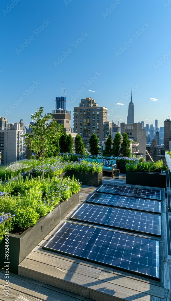 custom made wallpaper toronto digitalStylish Urban Rooftop Garden with Solar Panels and Lush Greenery in Cityscape Setting