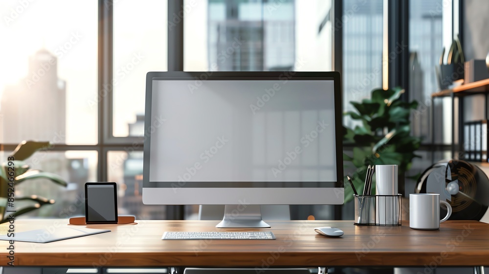 Modern workspace with a computer, plant, and coffee mug on a wooden desk. The window view is blurred, creating a professional and minimalist aesthetic. Modern workspace with a computer, plant, and coffee mug on a wooden desk. The window view is blurred, creating a professional and minimalist aesthetic.