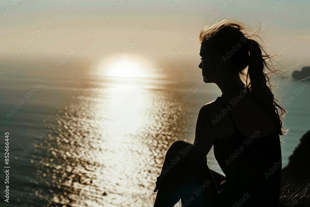 Fototapeta premium Silhouette of a woman sitting on a cliff overlooking the ocean at sunset.