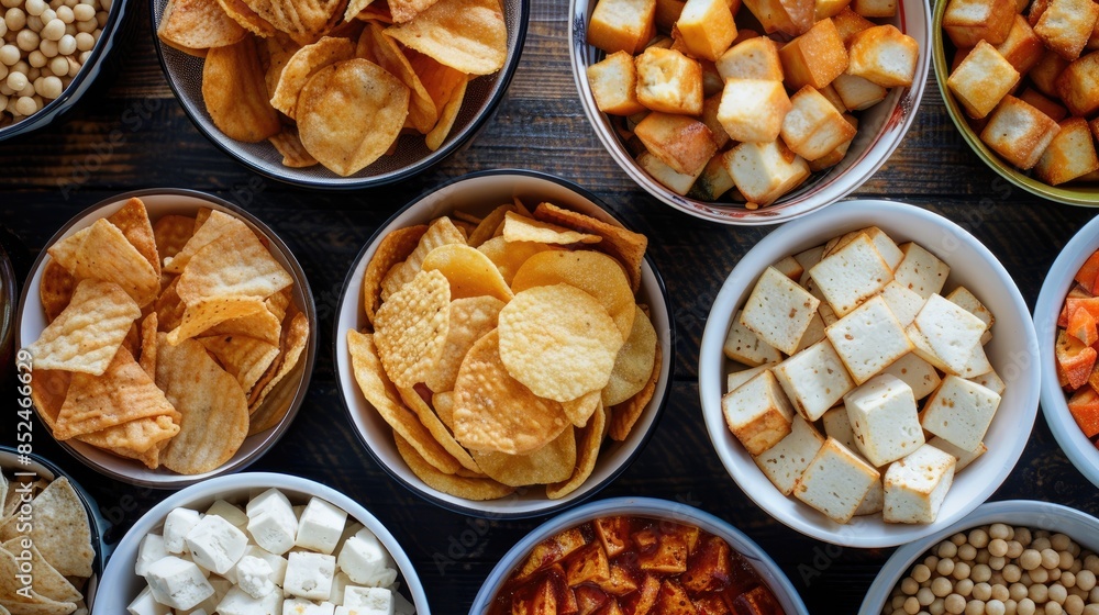 Fototapeta premium A selection of snacks including chips and tofu