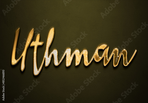 Old gold text effect of name Uthman with 3D glossy style Mockup. photo