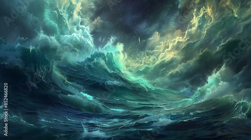 Dreamy waves of ultraviolet energy fusing with jade colors tranquility.