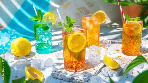 Two Glasses of Iced Tea Garnished with Lemon and Mint