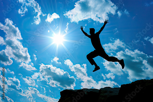 Achieving Success: Man Jumps Over Cliff Against Blue Sky and Clouds Background