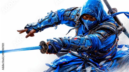ninja in blue clothes with a sword on a white background