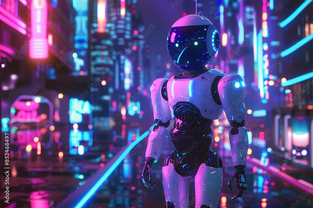 A futuristic robot standing in a neon city. A futuristic robot standing in a neon city.