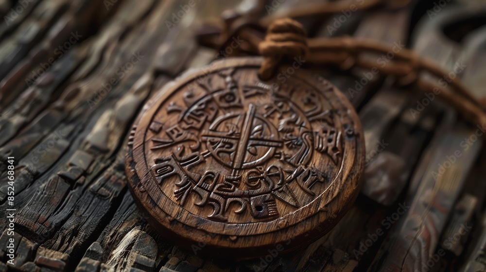 Wooden necklace with intricate carvings, featuring runes and symbols. Wooden necklace with intricate carvings, featuring runes and symbols.