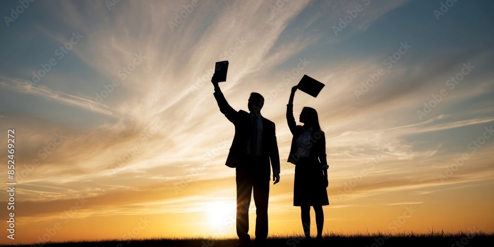 Fototapeta premium Two silhouetted figures are holding up their graduation caps in a triumphant gesture at sunset