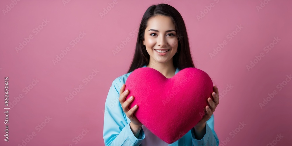A smiling young woman holds a plush pink heart, wearing a light blue shirt against a pink background A smiling young woman holds a plush pink heart, wearing a light blue shirt against a pink background