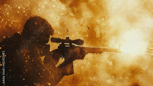 Shooting, close up on target, copy space, rich tones, Double exposure silhouette with rifle