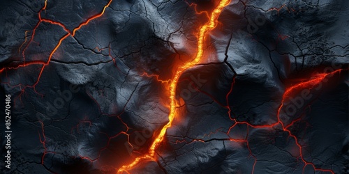 a cave wall made of dark rough stone, there are cracks that start small at the bottom and grow larger as they move up the image, hot lava glows through the cracks photo